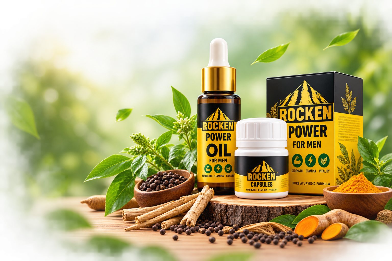 Rocken Power capsules, power oil and pack on a wooden board with ayurvedic herbs